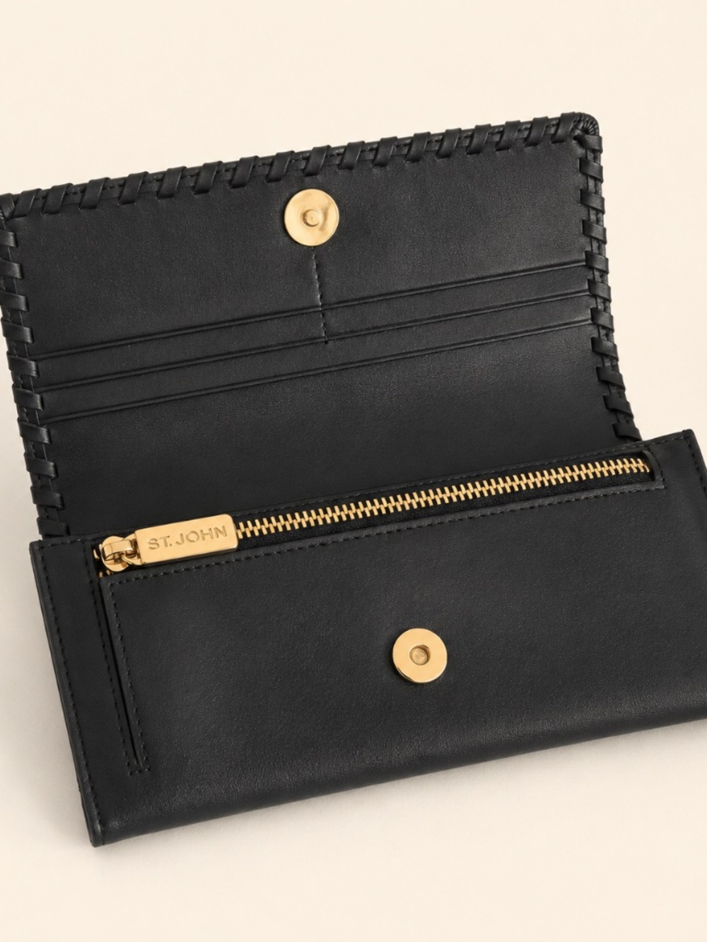 St. John Black Leather Whipstitch Continental Wallet
